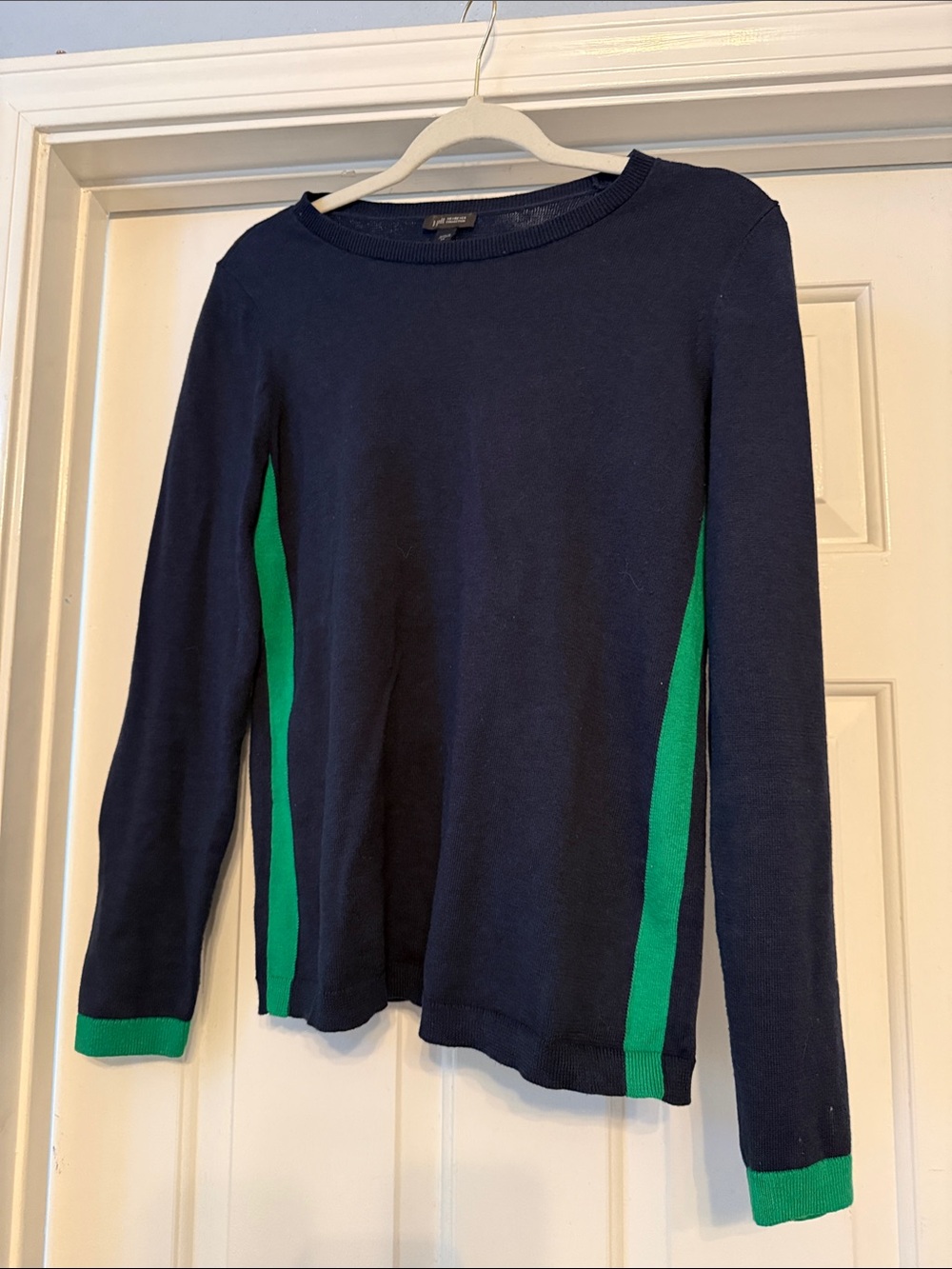 J. Jill Navy Crewneck Sweater with Green Side Panels